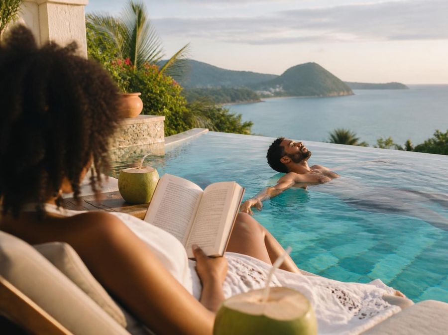 Couple qui se détend au bord d'une piscine avec vue sur la mer